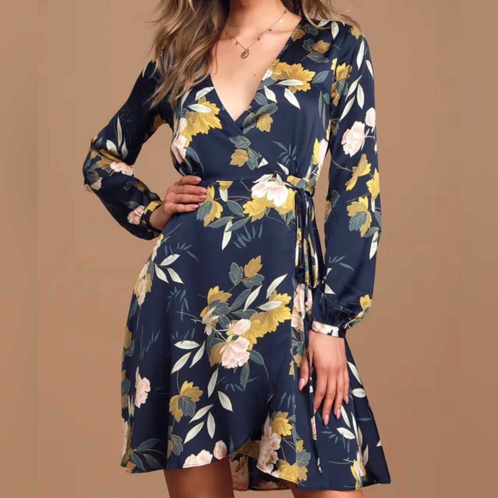 XL. Navy Blue Floral Print Satin Wrap Dress